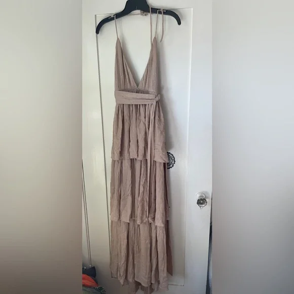 PQ Swim Kristine Tiered Maxi Dress Taupe Neutral Color Gold Thread Swiss Dot NWT - Picture 4 of 8